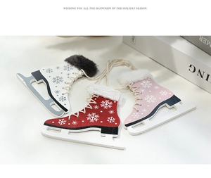 Three-piece wooden ice skate Christmas ornaments with faux fur and snowflake prints