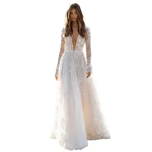 Elegant white lace long sleeve wedding dress with deep V-neck and A-line silhouette