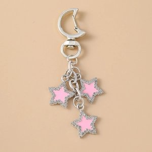 Sparkling pentagram keychain with pink enamel stars and rhinestones on a silver metal base