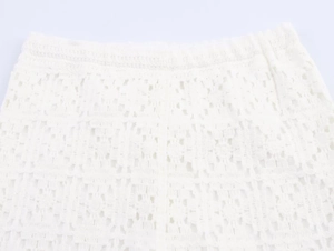 Detailed close-up of white crochet lace knit fabric showing intricate hollowed patterns