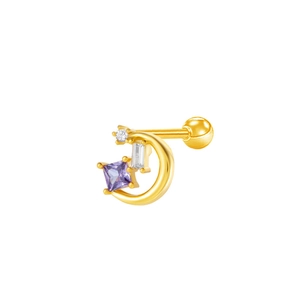 Detailed close-up of golden crescent moon earring featuring purple and white zircons