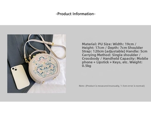 Detailed size specifications for off-white round crossbody bag with floral embroidery