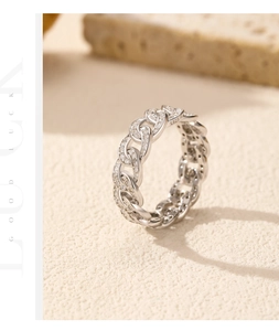 Macro shot of S925 sterling silver curb link ring with shimmering pave zircon stones