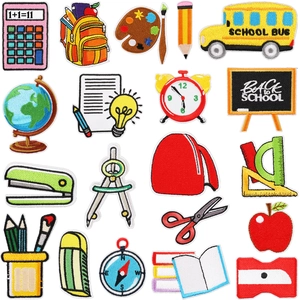 Embroidery Patches School Theme School Bus Stationery Shapes Cartoon Polyester Decorative Patch For Clothes Backpack DIY