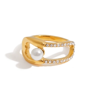 Bague élégante en acier inoxydable doré 18 carats avec double rangée de zircons et perle