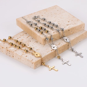 Religious stainless steel beaded bracelets with cross and heart pendants in gold and silver