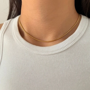 Minimalist gold snake chain necklace in polished stainless steel for women on a model