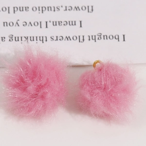 DIY handmade earring accessory with soft pink plush ball pendant and gold metal ring