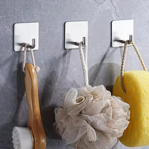 Stainless Steel Adhesive Wall Hooks Heavy Duty Self Adhesive Hangers No Drilling For Kitchen Bathroom Brushed Metal