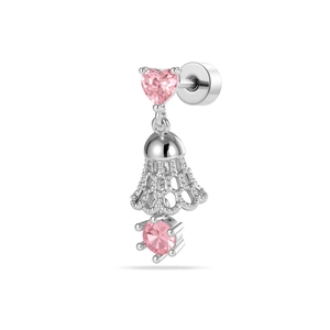 Silver heart stud earring with pink zircon and hollow lace tassel on white background