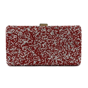 Elegant rectangular evening clutch bag with deep red and silver rhinestones and metal clasp