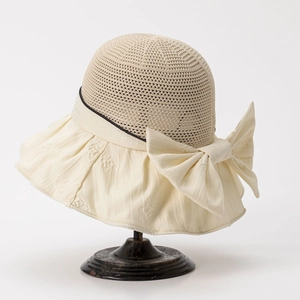 Women Wide Brim Sun Hat Hollow Knit Breathable Pleated Fabric Large Bow Elegant Summer Beach Foldable