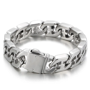 Punk style stainless steel cross cutout curb chain bracelet for men with silver finish