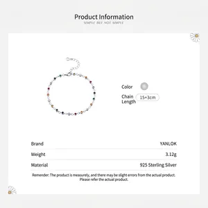 Elegant 925 sterling silver bracelet with multi-color gemstones, length 15+3cm