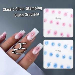Gradient blush nail stickers with silver foil stars and lines, sets SD-2029 and SD-2027