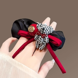 French style red and black hair scrunchie with checkered bear and velvet ribbon bow