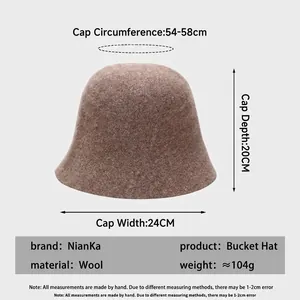 Women wool bucket hat with size guide showing 54-58cm circumference and 20cm depth