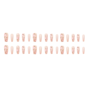 Pink floral press-on nails with cherry blossom patterns and glitter on long coffin shape