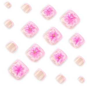 3D pink flower press-on toenails with French tips and golden bead accents for summer