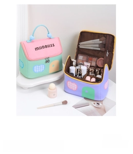 Macro view of interior brush slots and compartments in a colorful toiletry bag