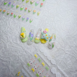 3D embossed nail art stickers set with rabbits, tulips and lace for cute DIY manicure