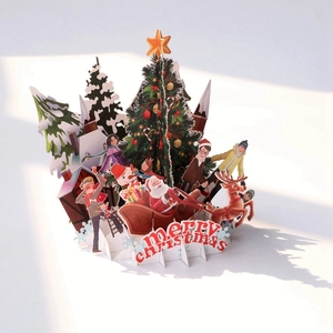 3D Pop Up Christmas Greeting Card Laser Cut Paper Carving Santa Reindeer Table Ornament With Envelope And Note Card