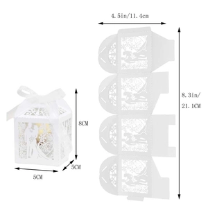 White laser-cut heart candy box for weddings with 3D view and size dimensions