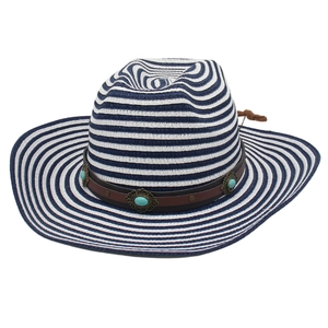 Detail of wide brim straw sun hat with navy stripes and turquoise leather band