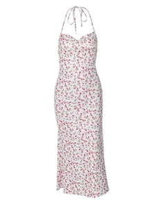 White floral midi dress with pink print, halter neck and sleeveless backless design