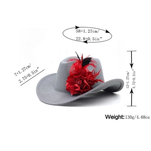 Detailed view of grey wool felt cowboy hat with red flower and size dimensions
