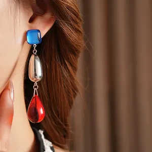 Artistic three-tier color-block drop earrings with blue square and red pear-shaped charms