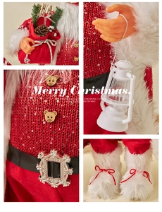 Detail of Santa Claus figurine with sequins, bear button, lantern and pine cone bag