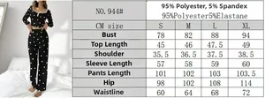Detailed size guide table for women's black heart print pajama set with model display