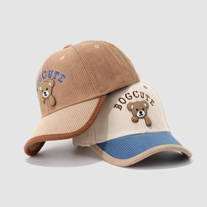 Kids corduroy baseball cap with cute bear embroidery and stylish color-block design