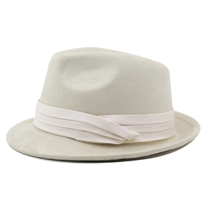 Close-up of light beige suede fedora featuring a multi-layered fabric ribbon band