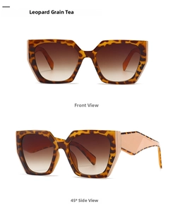 Front and 45-degree side view of leopard print oversized square sunglasses with brown lenses