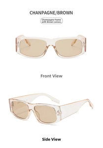 Detailed views of champagne square sunglasses with wide temples and brown lenses