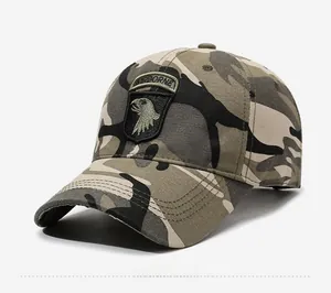 Detailed embroidery of the eagle shield and Airborne patch on camo tactical cap