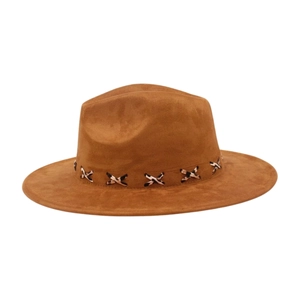 Classic dark brown wide brim fedora hat with black and white woven band detail