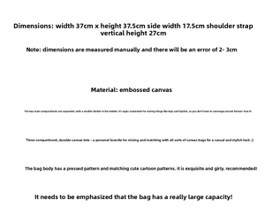 Detailed size chart for large canvas tote showing 37x37.5x17.5cm dimensions and strap height