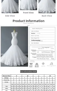 Detailed size chart for elegant V-neck mermaid wedding dress with US, EU, and UK measurements