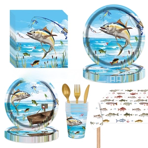 Detailed view of fishing theme party set featuring realistic fish pattern plates and napkins