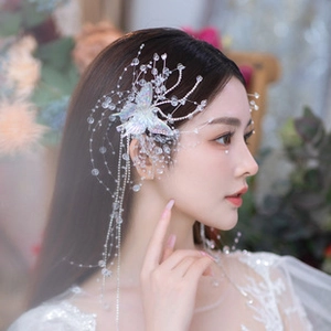 Close-up of elegant bridal hair headband featuring silver beads and crystal butterfly charms