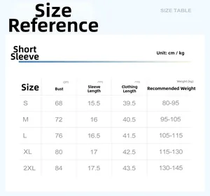 Tabella taglie per maglie yoga a maniche corte da S a 2XL con misure di busto e lunghezza