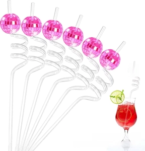 Detailed view of pink disco ball straws with transparent spiral design for party decor