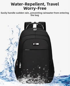 Waterproof detail of a black business backpack showing splashing water on nylon fabric