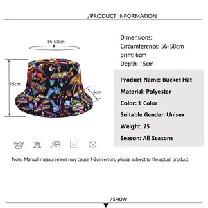 Unisex colorful mushroom print bucket hat showing product size chart and specifications