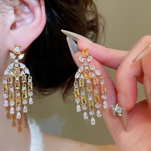 Luxurious gold-tone tassel earrings with yellow rectangular zircon stones for women