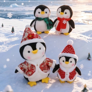 Set of four plush penguin dolls with Christmas scarves and hats on winter snow background