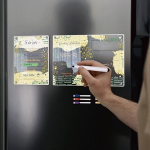 Acrylic weekly planner and to-do list set with four magnetic markers on a fridge